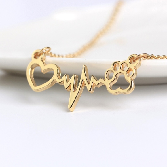 Paw Print Heart Beat Heart Necklace Gold - Picture 2 of 3